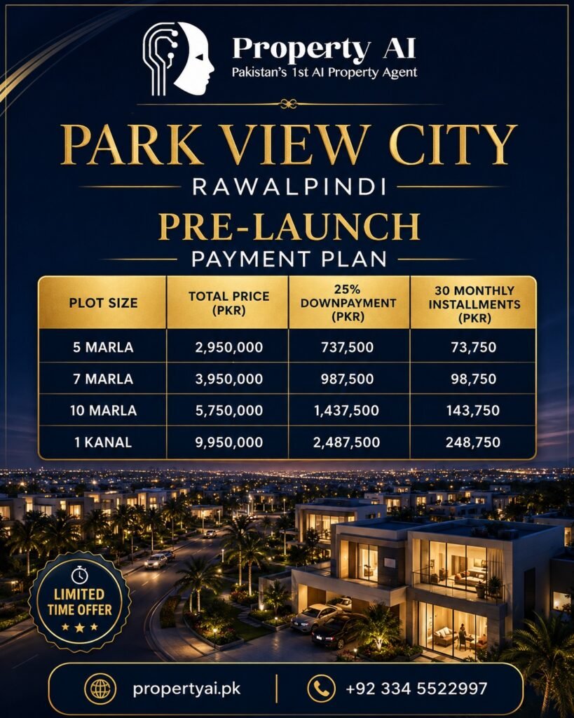 Park View City Rawalpindi latest details on location, contact number, payment plan, price plan, NOC, plot sizes, map, and layout with updated launch-stage context.